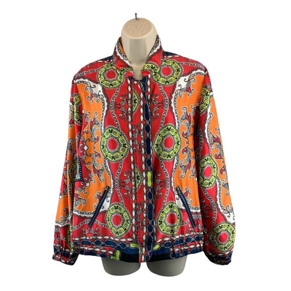 VTG NY Collection Scarf Print Multicolor Blouse Jacket Zip Front Boho Size Large - Picture 1 of 11